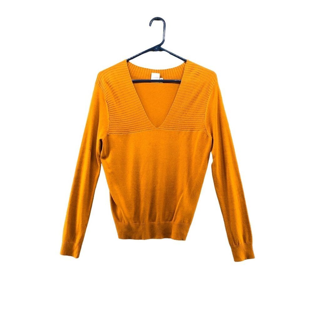 ICHI Mustard Yellow Stretch Pullover Deep V-neck Ribbed Detail Sweater Womens XS